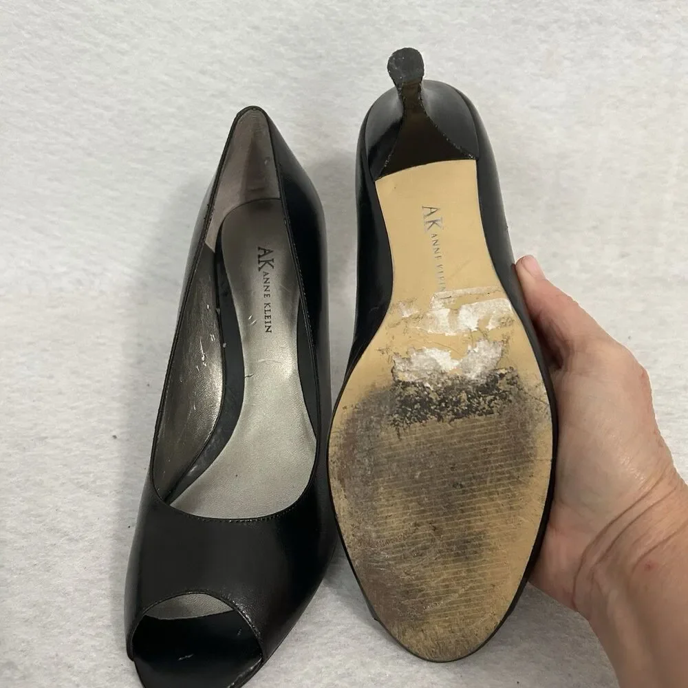 Anne Klein Heels Women 7.5M Black Masirarabc Peep Toe Office Elegant Vintage